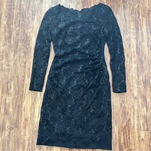 Ralph Lauren black dress floral lace sequin mesh lined long sleeve preppy size 2